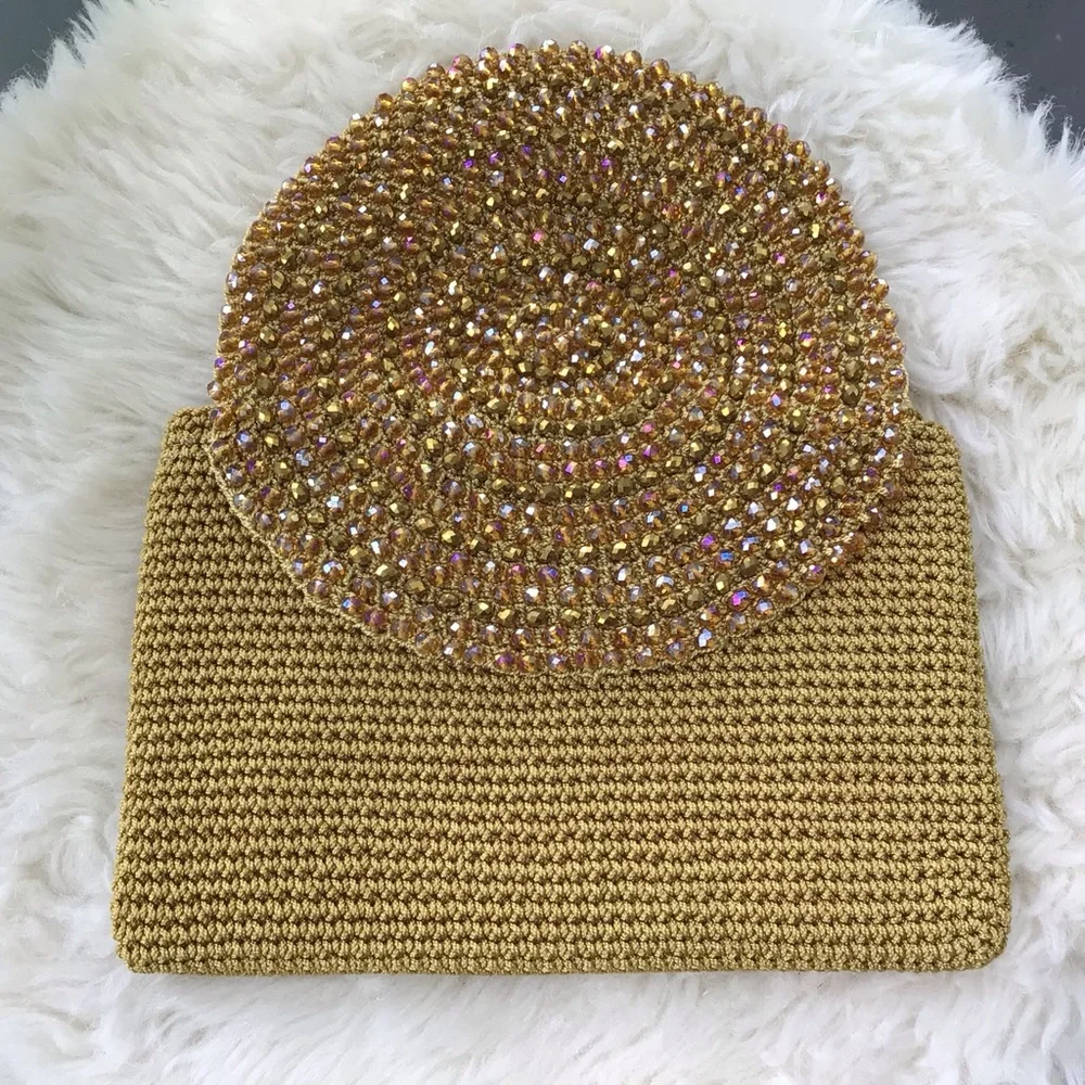 Lovely Gold Beaded Raffia Woven Clutch Handbag Clutch